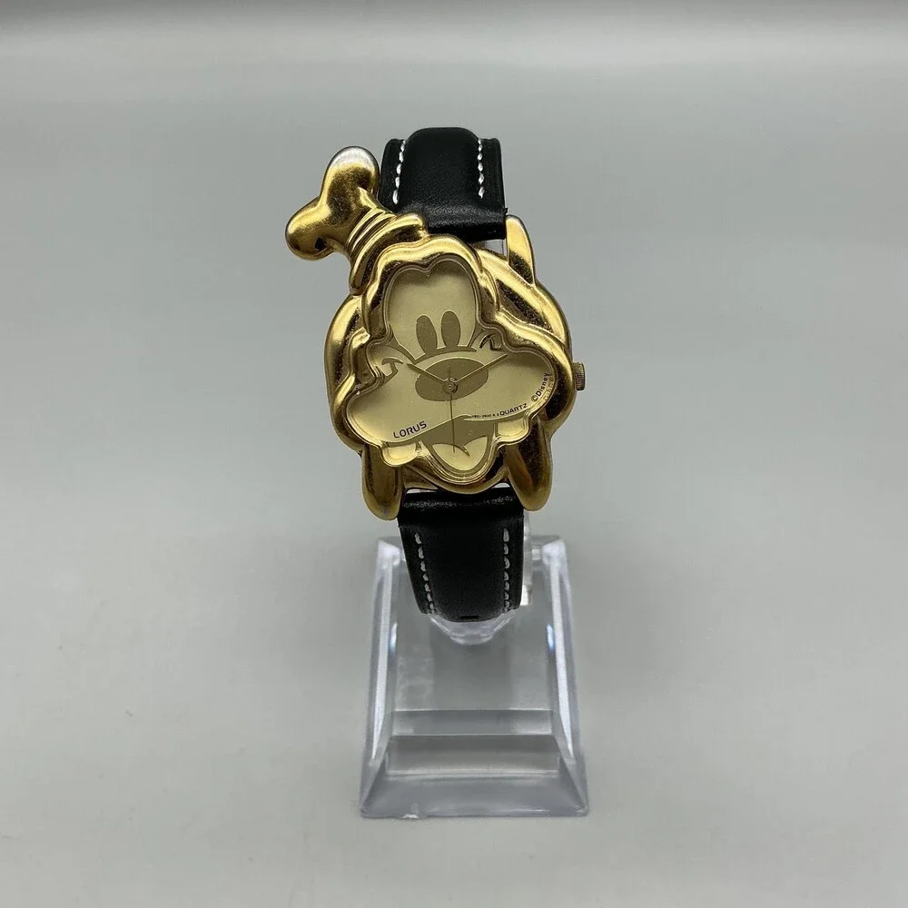 Vtg Lorus Womens Watch 30mm Disney Goofy Gold Tone Black Leather New Battery